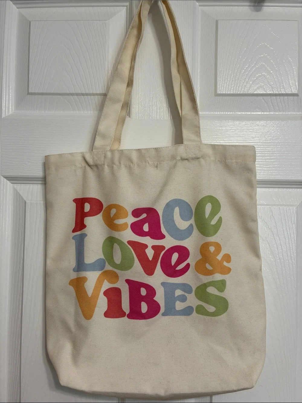 Cream Canvas Tote Bag - Peace Love & Vibes